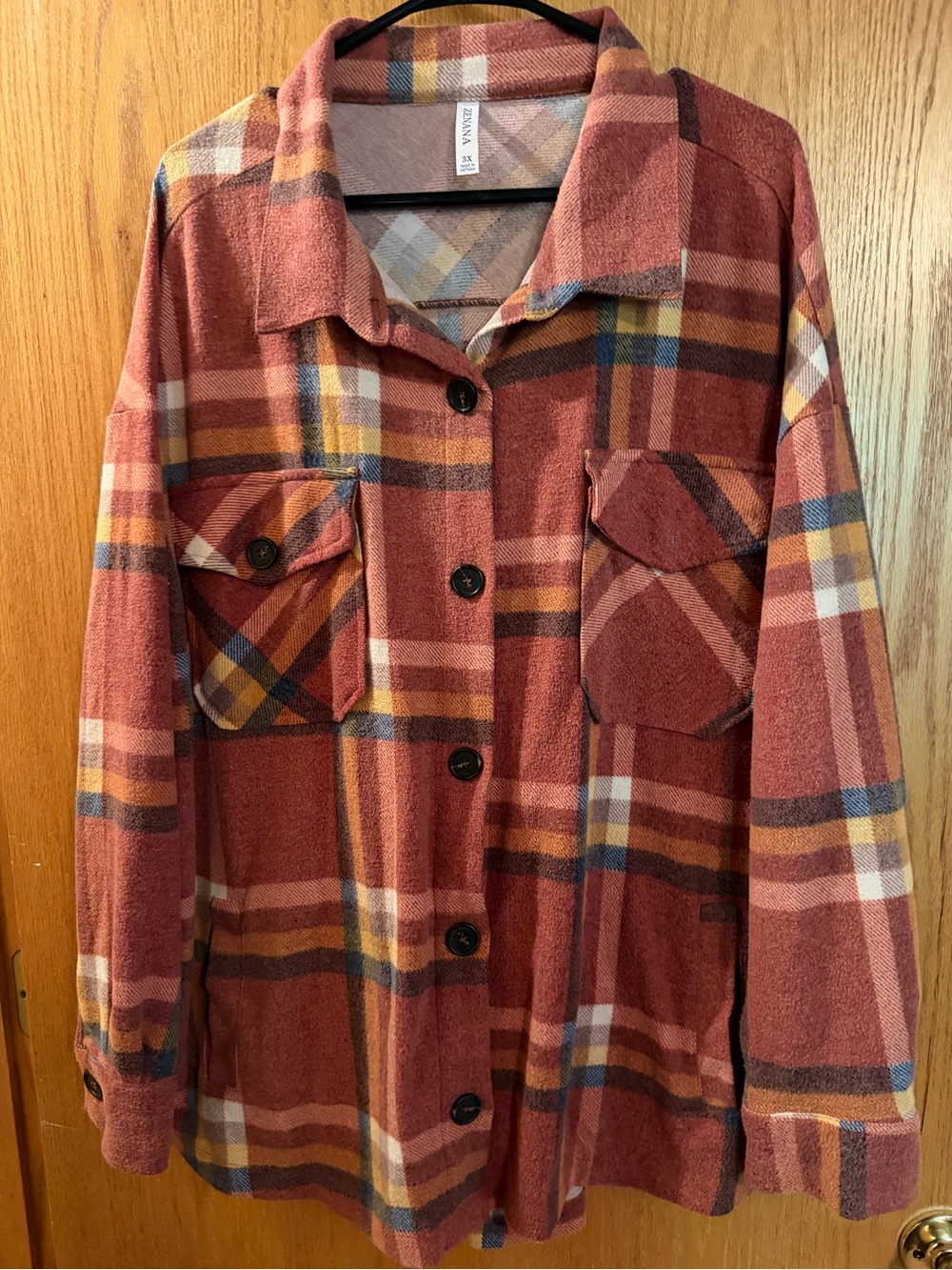 Zenana Outfitters Plaid Shacket in Rust, Mustard, Navy and Cream